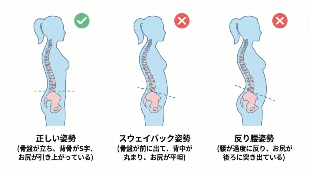 正しい姿勢 vs スウェイバック姿勢 vs 反り腰姿勢