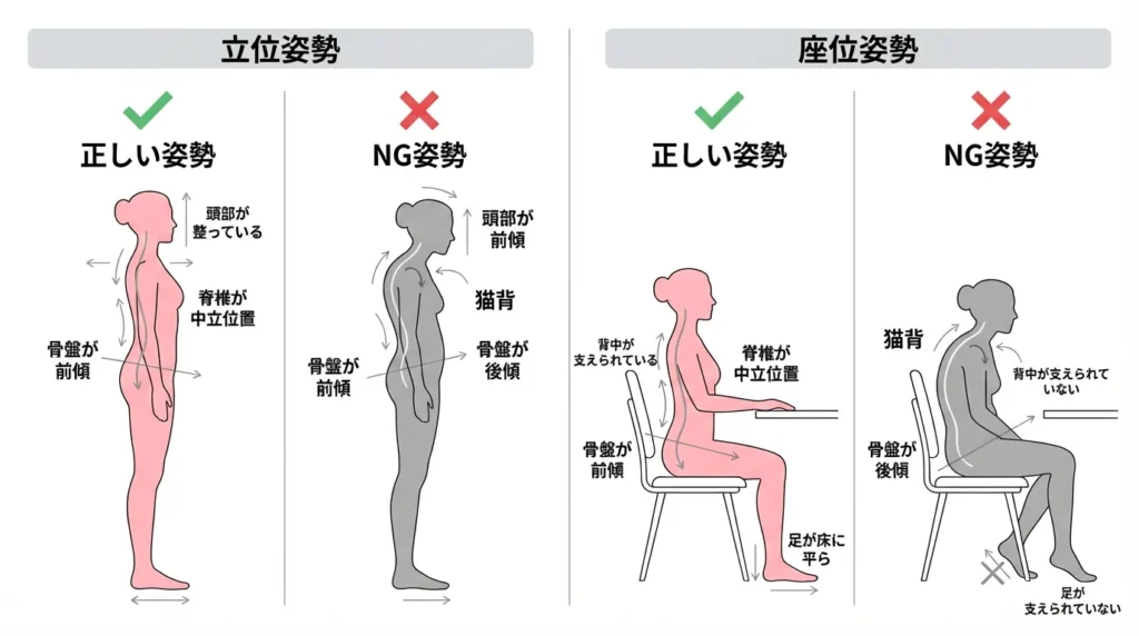 正しい姿勢とNG姿勢の比較イラスト
