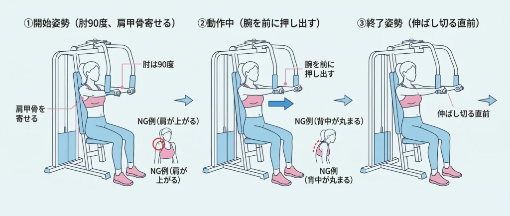 チェストプレスの正しいフォーム(3段階)