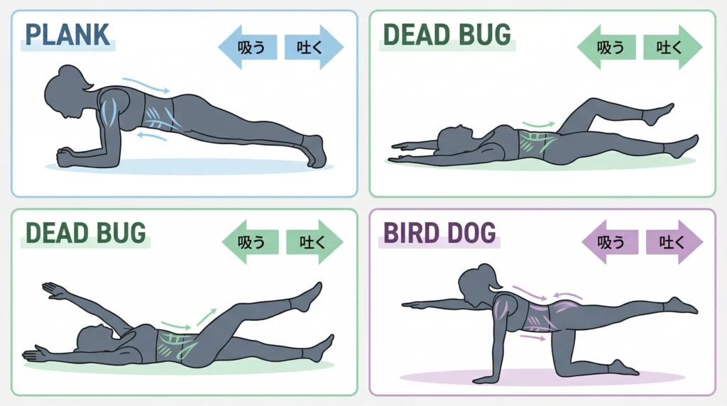 プランク・デッドバグ・バードドッグの動作比較