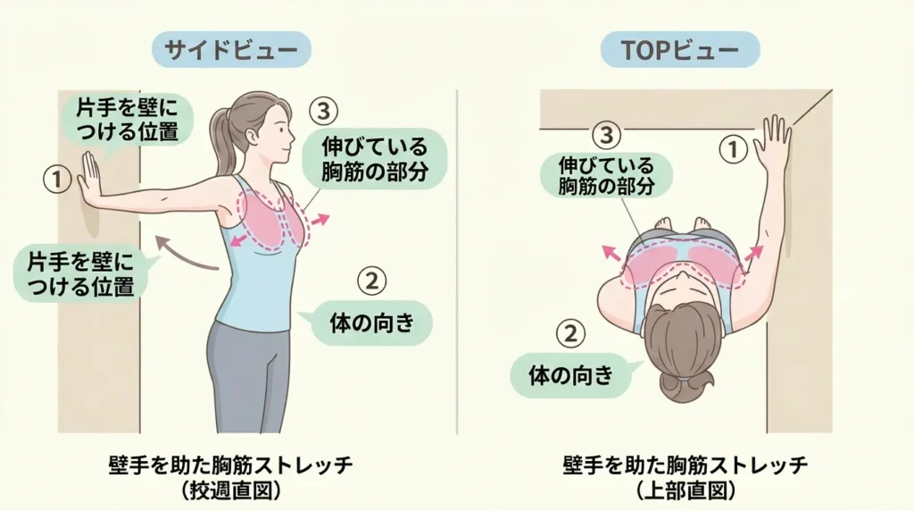 壁を使った胸筋ストレッチ手順図