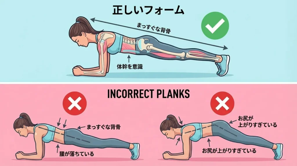 プランクポーズの正しいフォームと間違ったフォーム