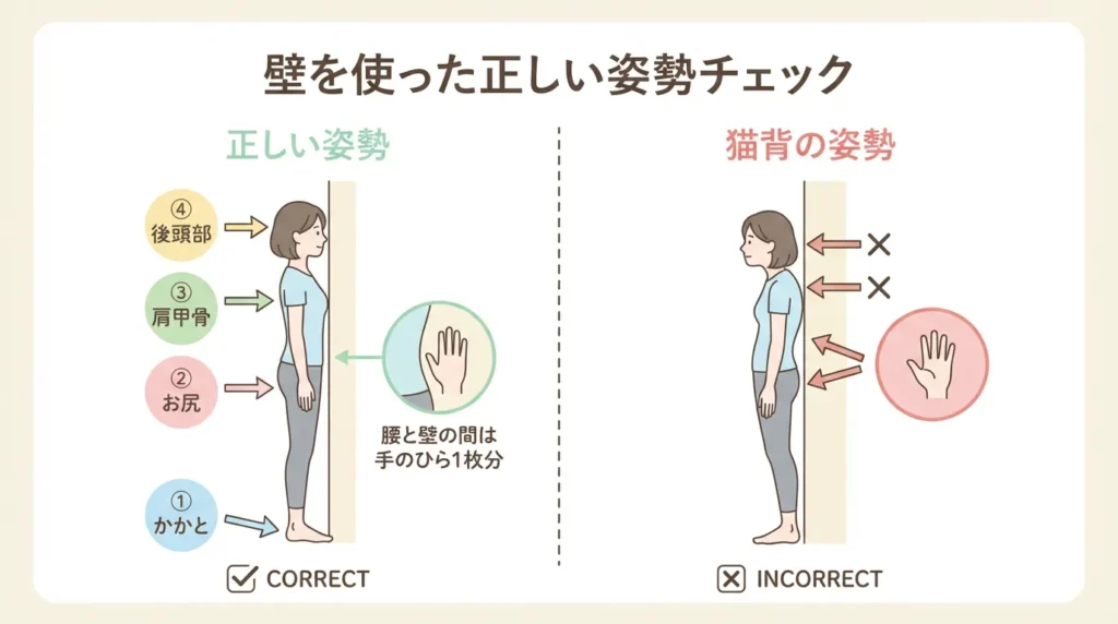壁を使った姿勢チェック手順図_日本語版