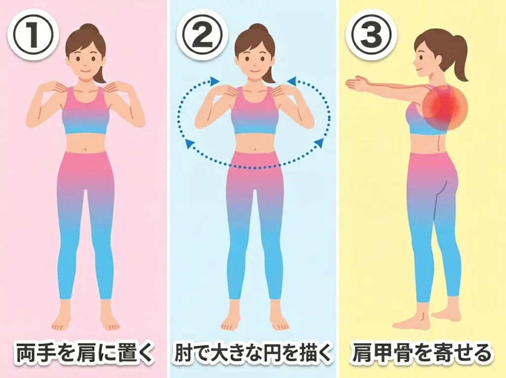 肩甲骨はがしストレッチの3段階手順図