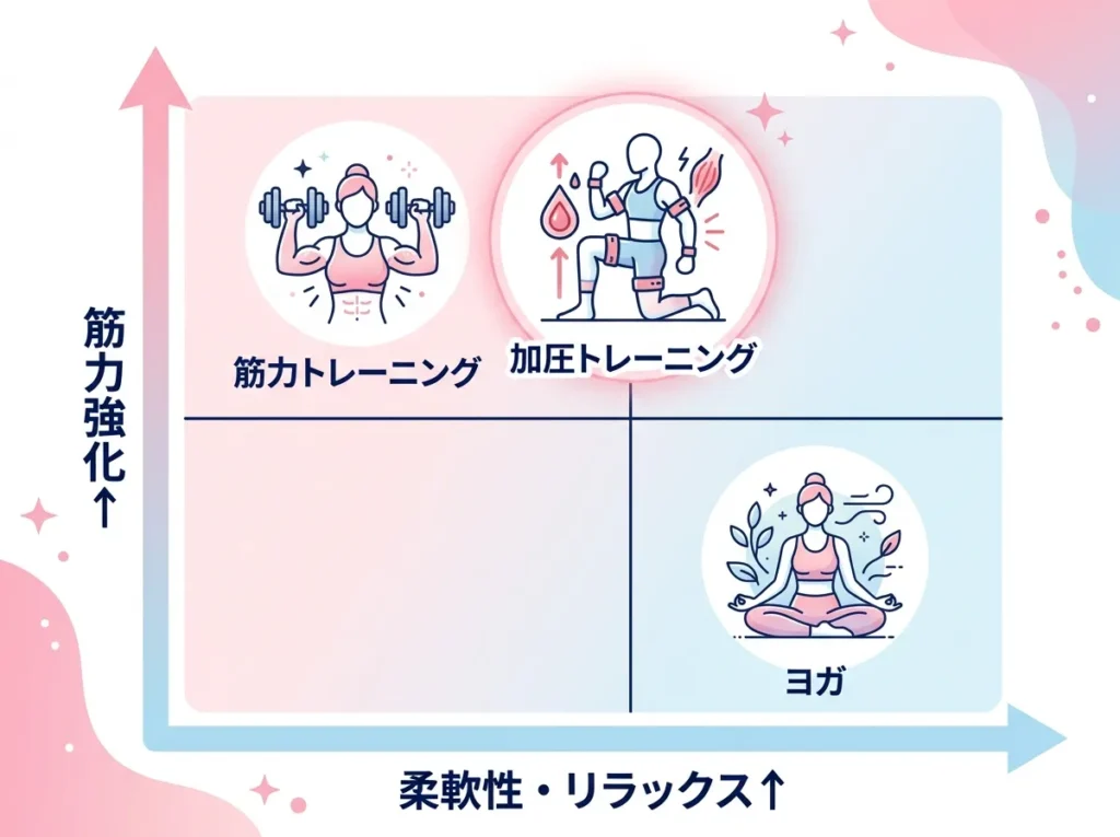 ヨガ vs 筋トレ vs 加圧トレーニングの位置づけマップ