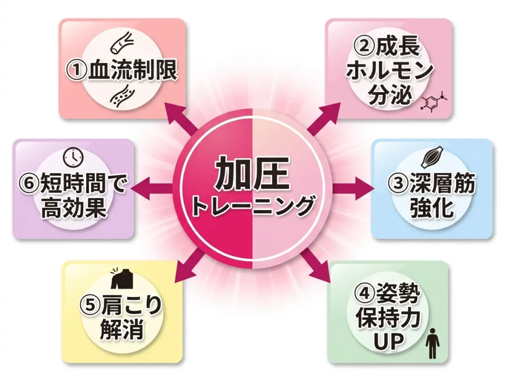 加圧トレーニング×姿勢改善の効果フロー図
