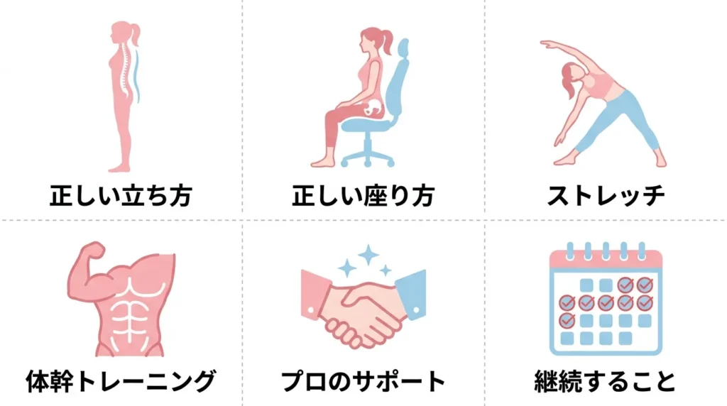 姿勢改善の6つのポイントまとめ図