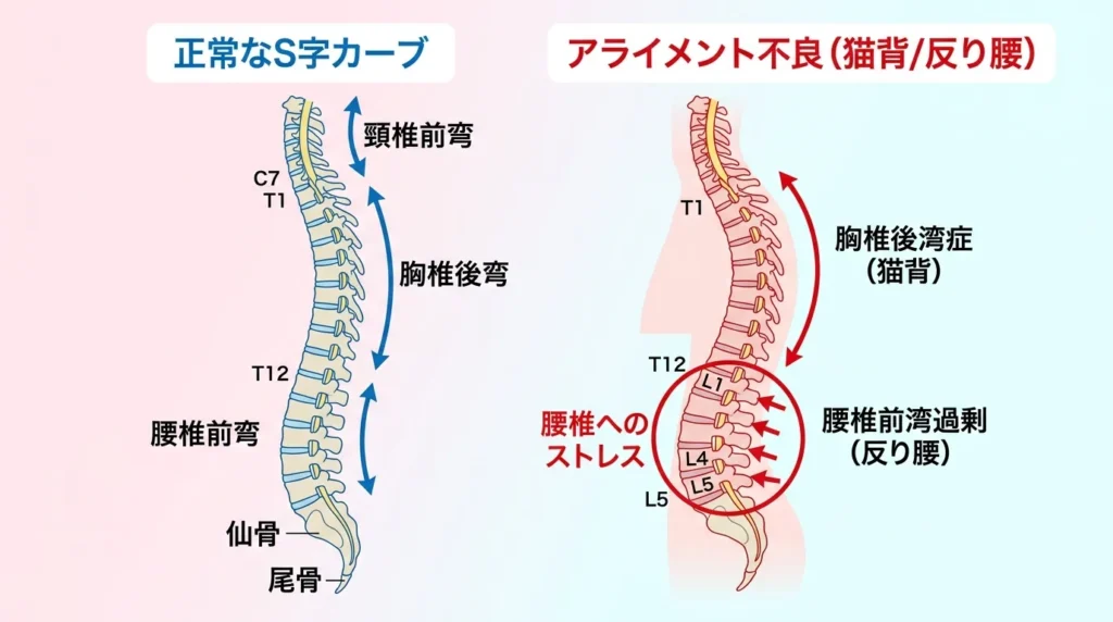 正常なS字カーブと崩れた背骨の比較図