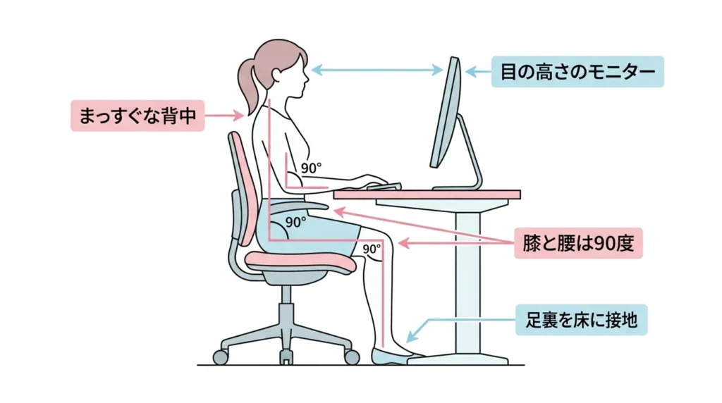 デスクワーク時の正しい座り方図